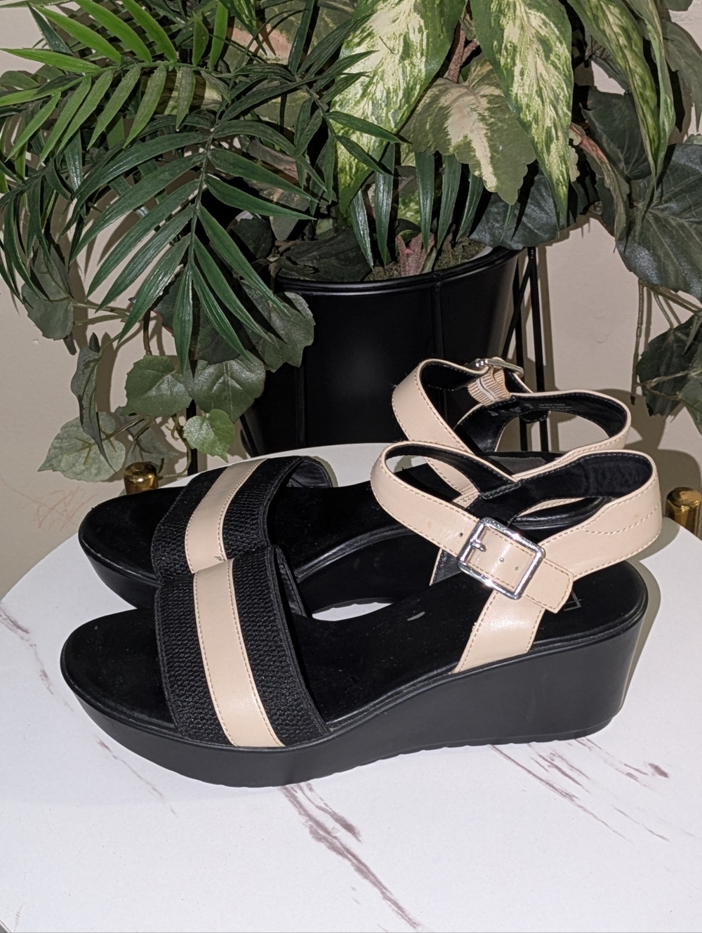 Franco Sarto Black and Beige Wedge Sandals with Ankle Strap - Picture 3 of 10